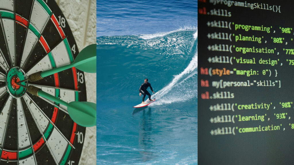 Images depicting skills, including darts, surfing, and coding.